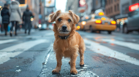 A curious dog exploring the urban landscape amidst the bustling city crowd. Concept Urban Exploration, City Streets, Curious Dog, Pet Adventure, Busy Crowdの素材