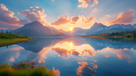 Serene mountain lake at sunset mirroring natures beauty in perfect reflection. Concept Landscape Photography, Mountain Lake, Sunset Reflection, Nature's Beauty, Serenityの素材