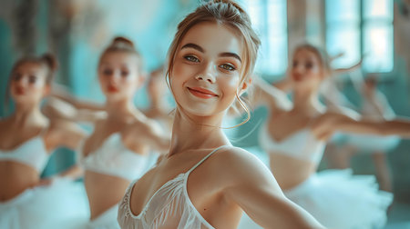 Young ballerinas gracefully perform choreographed ballet routine in a dance rehearsal. Concept Ballet, Dance Rehearsal, Young Performers, Graceful Movements, Choreographed Routineの素材