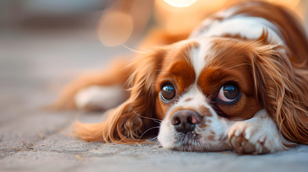 Cute little cavalier king charles spaniel resting peacefully on the ground. Concept Dog Portraits, Cavalier King Charles Spaniel, Restful pose, Pet Photography, Peaceful Outdoor Sceneの素材