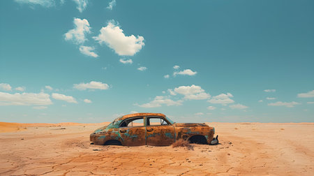 Abandoned vintage car in Sahara desert symbolizes postapocalyptic forgotten world theme. Concept Abandoned car, Vintage, Sahara desert, Postapocalyptic, Forgotten world,の素材