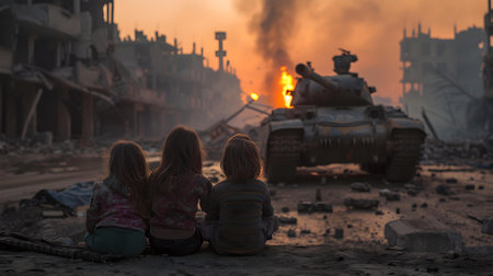 Children sit in front of city destruction tank fire and smoke. Concept Dystopian Setting, Children's Portrait, Apocalyptic Scene, War Zone, Emotional Photographyの素材