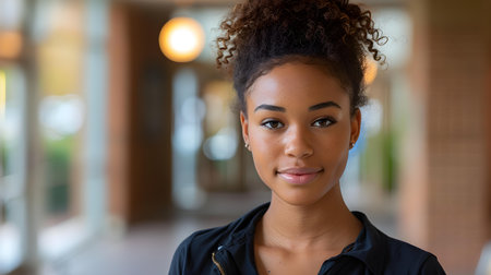 College student gazes confidently at camera in campus setting. Concept University, Confidence, College Life, Academic Success, Portrait Photographyの素材
