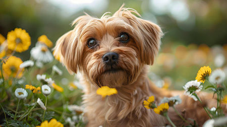 Playful pup frolics through meadow filled with colorful blossoms. Concept Puppy, Meadow, Colorful Blossoms, Playful, Frolicの素材