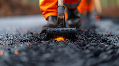 Team of construction workers laying hot asphalt gravel on a road surface. Concept Construction, Asphalt Paving, Road Work, Heavy Machinery, Teamworkの素材