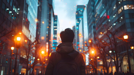Entrepreneur lighting rocket symbolizing progress innovation and business achievement amidst cityscape. Concept Entrepreneurship, Progress, Innovation, Business Achievement, Cityscapeの素材