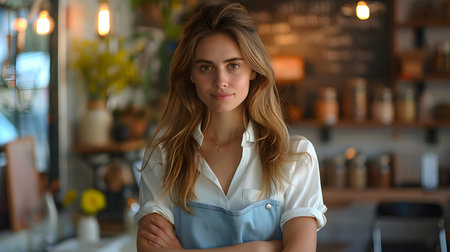 Female entrepreneur stunningly stands against backdrop of private business small ownership. Concept Small Business Owner, Entrepreneurial Success, Female Empowermentの素材