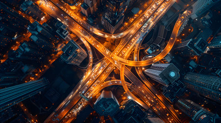 Futuristic city infrastructure with multiple vehicle bridges for efficient traffic management. Concept Futuristic City Infrastructure, Vehicle Bridges, Traffic Managementの素材