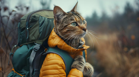 Curious cat in travel gear and backpack explores scenic landscapes with wonder. Concept Traveling Pets, Curious Cat Portraits, Scenic Landscapes, Adventure Cat, Exploration Gearの素材