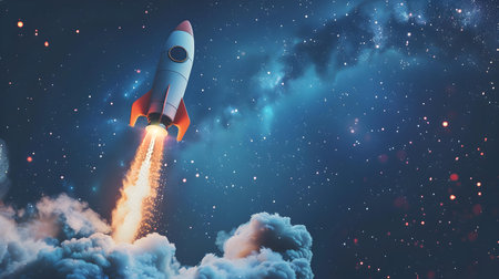 Entrepreneur launching rocket symbolizing growth and networking startup strategy illustration. Concept Entrepreneurship, Rocket Launch, Growth Symbolism, Networking Strategy, Startup Illustrationの素材