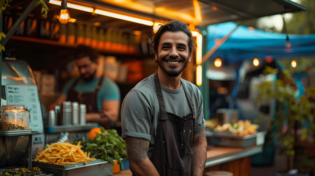 Entrepreneur running a mobile eatery in a vibrant urban setting. Concept Food Truck Business, Mobile Eateries, Urban Dining, Entrepreneurship, Vibrant City Settingの素材