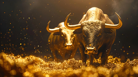 Gold and black financial infographic banner with bull and bear market theme. Concept Financial Infographic, Gold and Black Design, Bull and Bear Market, Banner, Investment Themeの素材