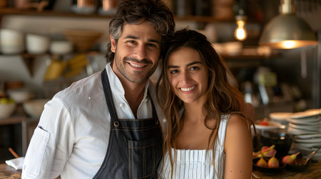 Happy couple running a successful restaurant welcoming customers at the entrance. Concept Restaurant Owners, Welcoming Guests, Successful Business, Happy Couple, Customer Serviceの素材