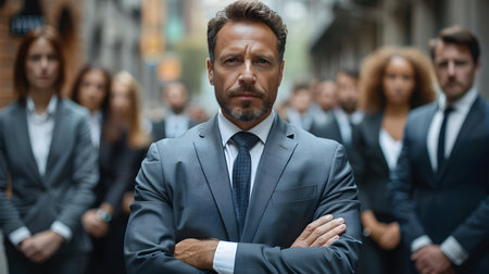 Being a Successful Leader Who Stands Out Among the Team Members. Concept Leadership Style, Effective Communication, Building Trust, Motivating Team, Handling Conflictの素材