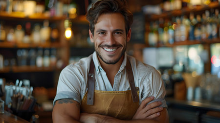 Smiling male bartender with arms crossed exuding positivity at local business. Concept Portrait Photography, Positivity, Small Business, Bartender Portrait, Character Portraitの素材