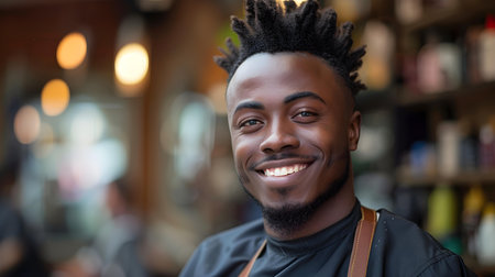 Proud and professional black entrepreneur smiling in barber shop with hair clipper. Concept Barber Shop, Black Entrepreneur, Hair Clipper, Proud Smile, Professional Portraitの素材