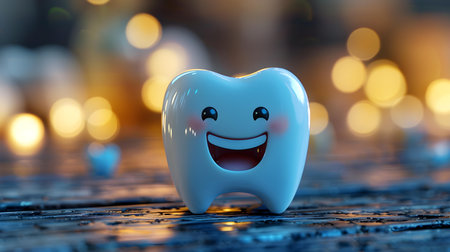 Illustration of a friendly tooth mascot with a smiling expression. Concept Dental Mascot Illustration, Friendly Character Design, Smiling Tooth Artの素材