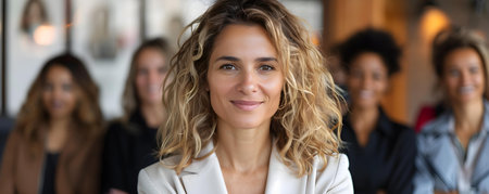 A confident female CEO leading with warmth and empowerment addresses the diverse team. Concept Leadership, Empowerment, Diversity, Teamwork, Female CEOの素材