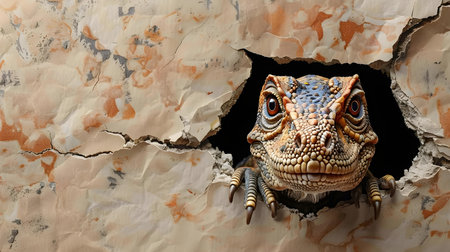 Playful TRex emerges from torn wall with copy space mockup, showcasing adorable dinosaur. Concept Dinosaur, TRex, Copy Space, Mockup, Playfulの素材