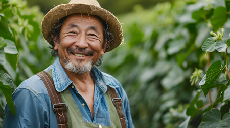 A confident farmer surrounded by lush thriving soybean plants in field. Concept Agriculture, Farming, Soybean plants, Confidence, Rural Lifeの素材