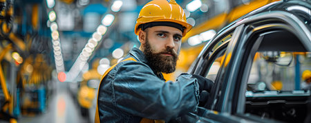 A male skilled worker at a car manufacturing plant ensuring efficiency and safety in a hig. Concept Car Manufacturing, Skilled Worker, Efficiency, Safety Measures, High-Pressure Environmentの素材