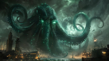 A terrifying kraken unleashes havoc on a city under the stars. Concept Fantasy, Mythical Creatures, City Destruction, Night Sky, Thrilling Terrorの素材