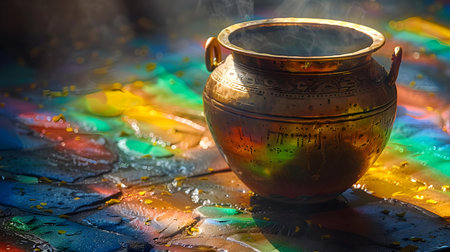 A Golden Pot at the End of a Rainbow's Colorful Hues. Concept Rainbow, Golden Pot, Colors, Treasure, Fantasyの素材