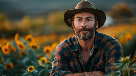 An Agricultural Farmer Poses with Equipment in a Scenic Setting. Concept Agriculture, Farming equipment, Scenic setting, Farmer posesの素材
