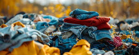 The Fast Fashion Waste: A Heap of Clothes in a Landfill. Concept Sustainable Fashion, Textile Waste, Environmental Impact, Clothing Consumption, Circular Economy,の素材