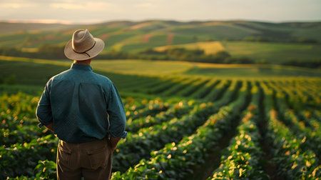 A farmer standing proudly in front of his lush green fields. Concept Portrait Photography, Agriculture, Classic Pose, Scenic Backdropの素材