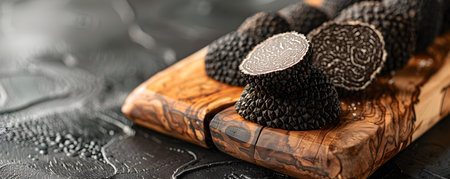 The Elegance of Black Truffles: A Culinary Display on a Rustic Wooden Board. Concept Black Truffles, Culinary Display, Rustic Wooden Board, Elegance, Gourmet Experienceの素材