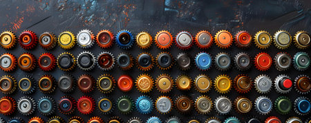 Beer bottle caps arranged creatively A creative arrangement of beer bottle caps showcasing a diverse selection of brands and colors. Concept Beer Bottle Caps, Creativity, Arrangement, Brands, Colorsの素材