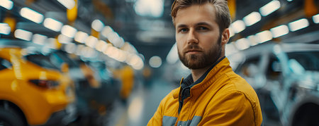 A Skilled Male Worker at a Car Manufacturing Plant: Ensuring Efficiency and Safety in a High-Stakes Environment. Concept Automobile Manufacturing, Skilled Worker, Efficiency, Safety Protocolsの素材