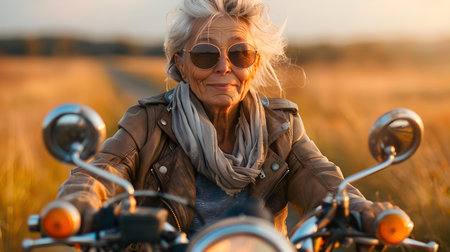 An elderly woman enjoys a motorcycle ride through the countryside. Concept Elderly, Woman, Motorcycle Ride, Countryside, Enjoymentの素材