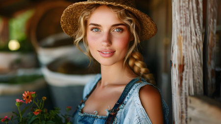 A Female Farmer with a Basket in a Rustic Farm Environment. Concept Farm Life, Female Farmer, Rustic Environment, Basket Prop, Outdoor Portraitの素材