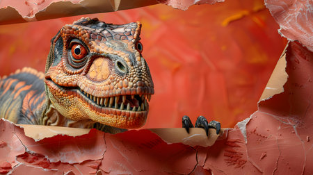 Playful dinosaur emerges from torn wall mockup with adorable TRex: copy space. Concept Dinosaur Photoshoot, Torn Wall Mockup, Adorable TRex, Copy Space, Playful Themeの素材