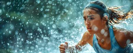 A Champion's Persistence: An Athlete, Regardless of Gender or Race, Showcasing Determination and Sweat in the Rain. Concept Athlete, Persistence, Gender Equality, Racing in the Rain, Determinationの素材
