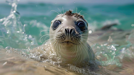 Curious baby seal pup explores the ocean with wide eyes and whiskers. Concept Curious Animals, Baby Seals, Ocean Wildlife, Wildlife Photography, Cute Sea Creaturesの素材
