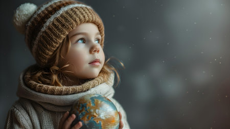 Young Child Holding Model of Planet, Dreaming of Becoming an Astronaut. Concept Childhood Dreams, Space Exploration, Planetary Ambitions, Imaginative Play, Aspiring Astronautの素材