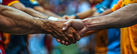 Closeup of soccer players shaking hands Soccer players representing diverse teams shake hands in a display of sportsmanship after a match. Concept Sportsmanship, Soccer players, Diversity, Handshakeの素材