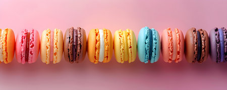 Display of Multicolored Macaron Cakes on a Vibrant Background. Concept Food Photography, Colorful Cakes, Dessert Display, Vibrant Background, Multicolored Macaronsの素材