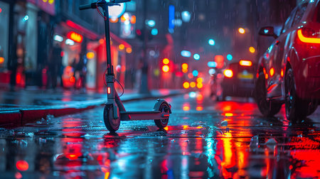 Disorderly Arrangement of Electric Scooters on a Rainy Urban Sidewalk at Night. Concept Urban Photography, Night Scenes, Electric Scooters, Rainy City, Disorderly Arrangementの素材