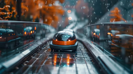 Futuristic maglev scooters swiftly navigate urban landscape revolutionizing transportation efficiency and sustainability. Concept Transportation, Sustainability, Urban Infrastructure, Technologyの素材