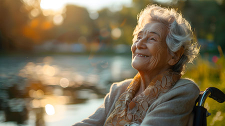 Elderly woman in wheelchair enjoying the sunshine by the waterfront. Concept Senior Photography, Waterfront, Elderly Woman, Wheelchair-bound, Sunny Dayの素材