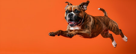 An Energetic Dog Jumping Against a Vibrant Orange Backdrop. Concept Pet Photography, Energetic Dog, Jumping Poses, Vibrant Backdrop, Colorful Propsの素材