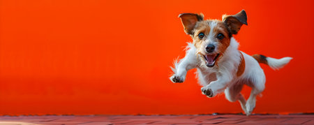 Energetic dog enthusiastically jumping against an orange backdrop A diverse dog full of energy jumping against a vibrant orange backdrop. Concept Dog Portraits, Energetic Pup, Colorful Backdropの素材