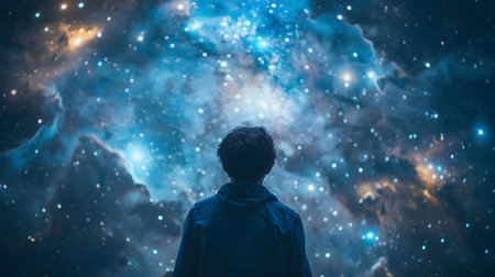 Person in awe as they watch a dazzling cosmic show inside planetarium. Concept Planetarium Show, Cosmic Display, Awe-Struck Reactionの素材