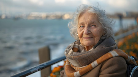 Elderly lady in wheelchair smiling by the waterfront soaking up sunshine. Concept Senior Portrait, Waterfront Photography, Joyful Expression, Outdoor Photoshoot, Elderly Smilingの素材