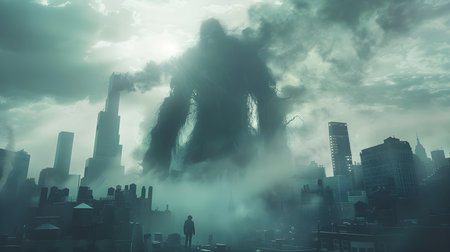 Monstrous silhouette looms over city, setting an ominous cinematic atmosphere. Concept Monstrous Silhouette, Cityscape, Ominous Atmosphere, Cinematic Settingの素材
