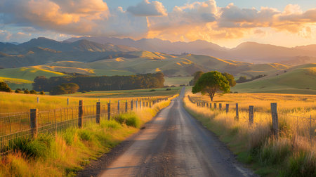 Rural New Zealand scene with farmer cow and fields in sunlight. Concept Rural Landscape, New Zealand, Farmer, Cow, Fields, Sunlightの素材